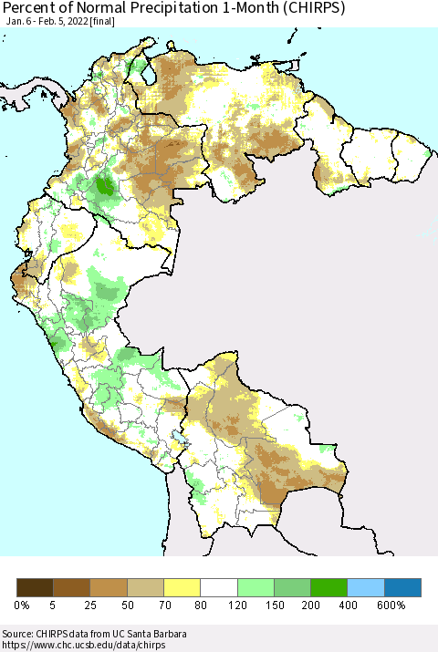 Northern South America Percent of Normal Precipitation 1-Month (CHIRPS) Thematic Map For 1/6/2022 - 2/5/2022