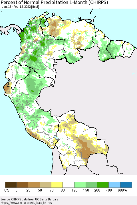 Northern South America Percent of Normal Precipitation 1-Month (CHIRPS) Thematic Map For 1/16/2022 - 2/15/2022