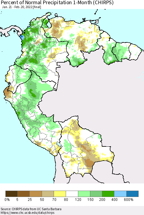 Northern South America Percent of Normal Precipitation 1-Month (CHIRPS) Thematic Map For 1/21/2022 - 2/20/2022
