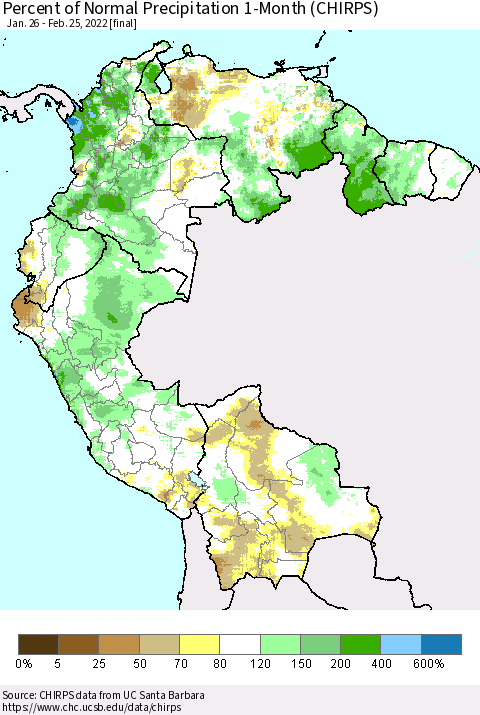 Northern South America Percent of Normal Precipitation 1-Month (CHIRPS) Thematic Map For 1/26/2022 - 2/25/2022