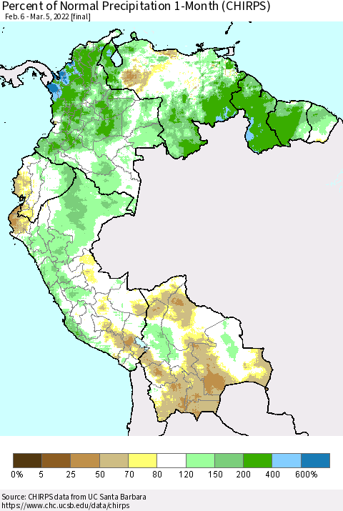 Northern South America Percent of Normal Precipitation 1-Month (CHIRPS) Thematic Map For 2/6/2022 - 3/5/2022