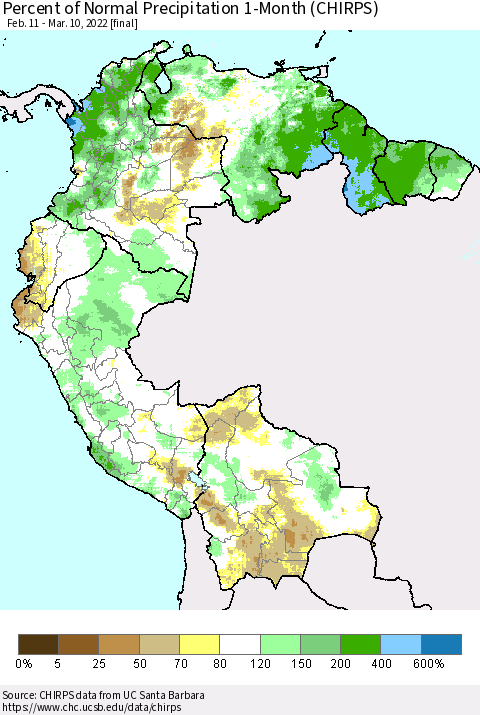 Northern South America Percent of Normal Precipitation 1-Month (CHIRPS) Thematic Map For 2/11/2022 - 3/10/2022