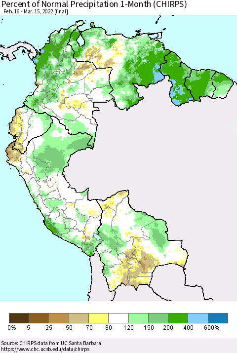 Northern South America Percent of Normal Precipitation 1-Month (CHIRPS) Thematic Map For 2/16/2022 - 3/15/2022