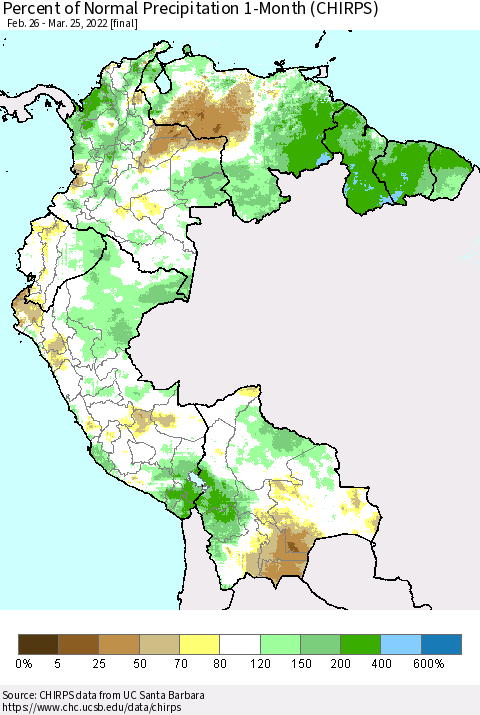 Northern South America Percent of Normal Precipitation 1-Month (CHIRPS) Thematic Map For 2/26/2022 - 3/25/2022