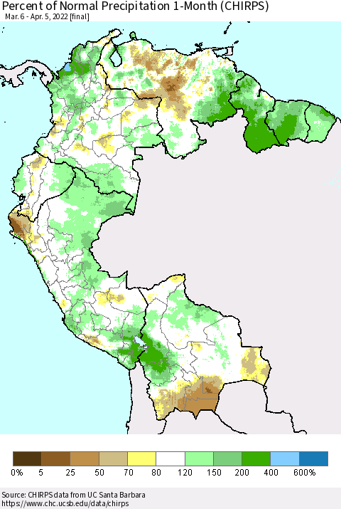 Northern South America Percent of Normal Precipitation 1-Month (CHIRPS) Thematic Map For 3/6/2022 - 4/5/2022