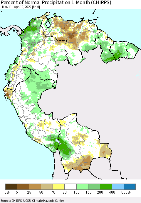 Northern South America Percent of Normal Precipitation 1-Month (CHIRPS) Thematic Map For 3/11/2022 - 4/10/2022