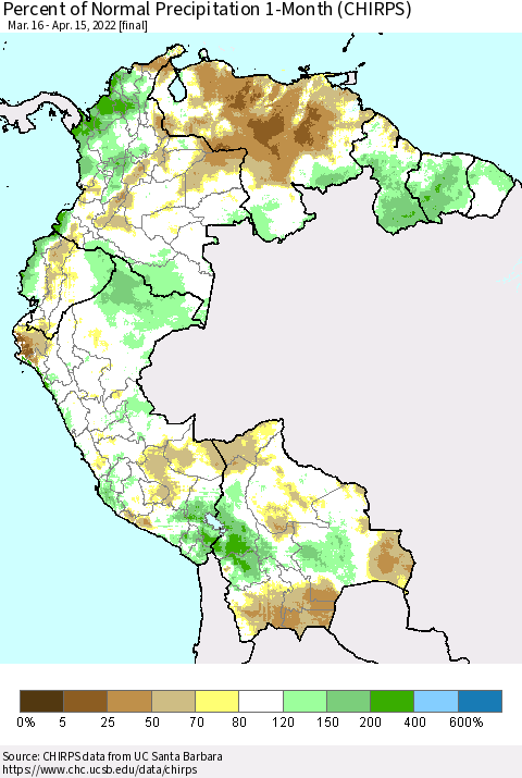 Northern South America Percent of Normal Precipitation 1-Month (CHIRPS) Thematic Map For 3/16/2022 - 4/15/2022