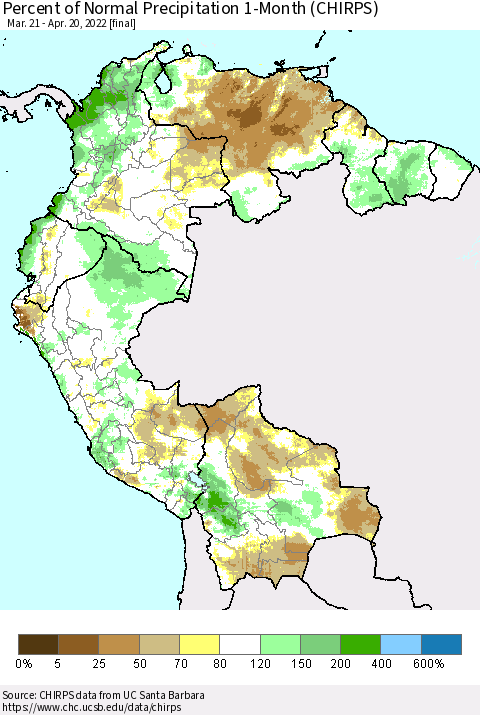 Northern South America Percent of Normal Precipitation 1-Month (CHIRPS) Thematic Map For 3/21/2022 - 4/20/2022