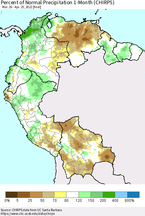 Northern South America Percent of Normal Precipitation 1-Month (CHIRPS) Thematic Map For 3/26/2022 - 4/25/2022