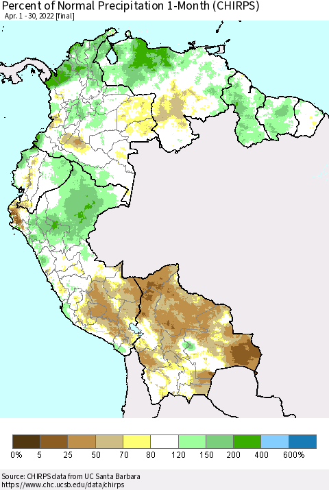 Northern South America Percent of Normal Precipitation 1-Month (CHIRPS) Thematic Map For 4/1/2022 - 4/30/2022