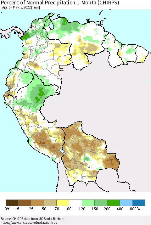 Northern South America Percent of Normal Precipitation 1-Month (CHIRPS) Thematic Map For 4/6/2022 - 5/5/2022