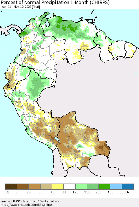 Northern South America Percent of Normal Precipitation 1-Month (CHIRPS) Thematic Map For 4/11/2022 - 5/10/2022