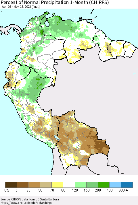 Northern South America Percent of Normal Precipitation 1-Month (CHIRPS) Thematic Map For 4/16/2022 - 5/15/2022
