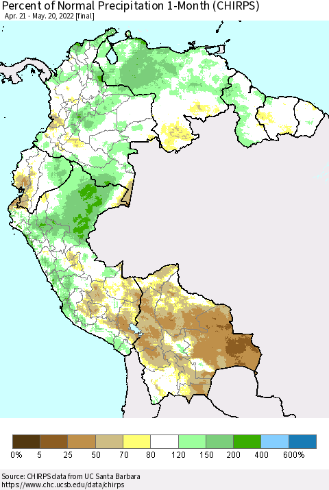 Northern South America Percent of Normal Precipitation 1-Month (CHIRPS) Thematic Map For 4/21/2022 - 5/20/2022