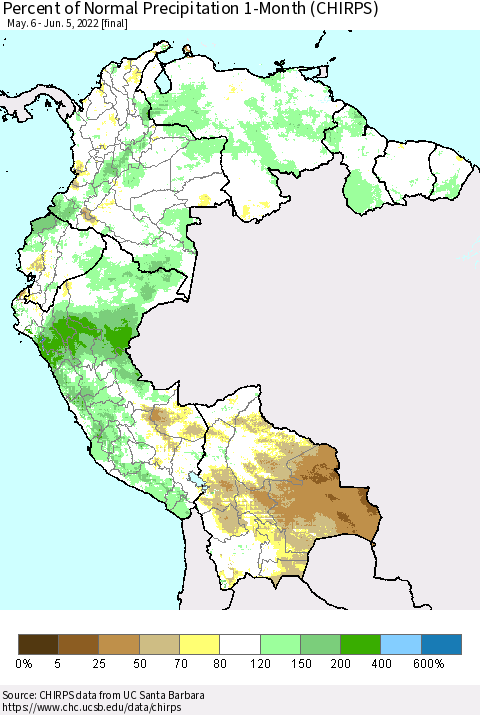 Northern South America Percent of Normal Precipitation 1-Month (CHIRPS) Thematic Map For 5/6/2022 - 6/5/2022