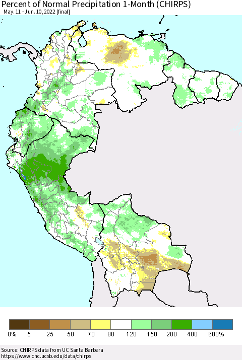 Northern South America Percent of Normal Precipitation 1-Month (CHIRPS) Thematic Map For 5/11/2022 - 6/10/2022