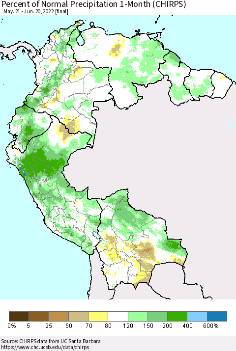 Northern South America Percent of Normal Precipitation 1-Month (CHIRPS) Thematic Map For 5/21/2022 - 6/20/2022