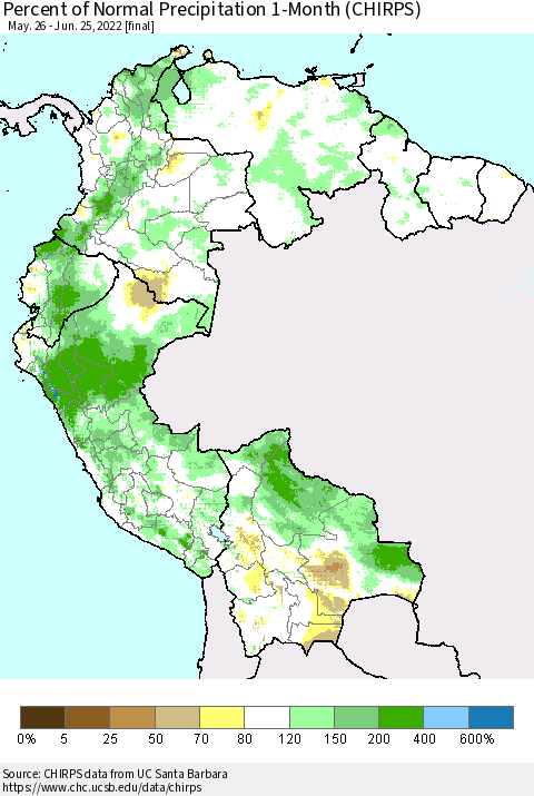 Northern South America Percent of Normal Precipitation 1-Month (CHIRPS) Thematic Map For 5/26/2022 - 6/25/2022