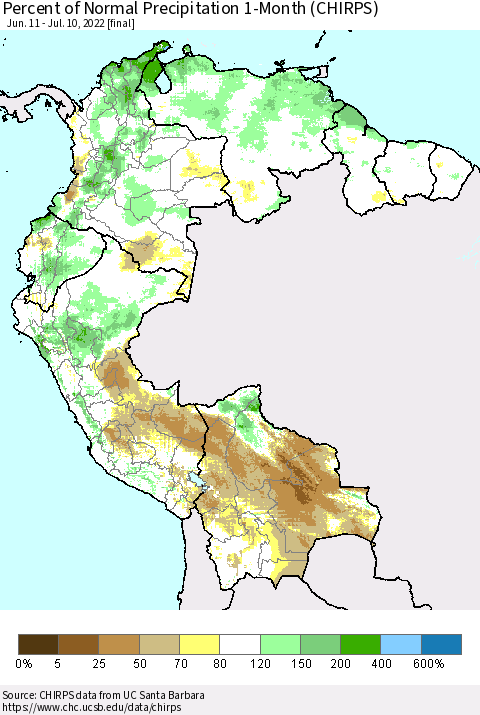Northern South America Percent of Normal Precipitation 1-Month (CHIRPS) Thematic Map For 6/11/2022 - 7/10/2022