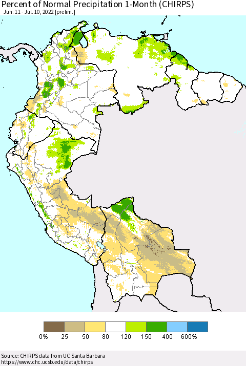 Northern South America Percent of Normal Precipitation 1-Month (CHIRPS) Thematic Map For 6/11/2022 - 7/10/2022