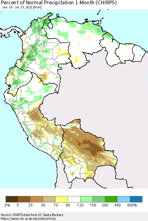 Northern South America Percent of Normal Precipitation 1-Month (CHIRPS) Thematic Map For 6/16/2022 - 7/15/2022
