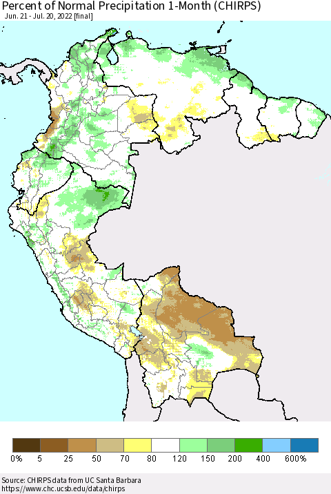 Northern South America Percent of Normal Precipitation 1-Month (CHIRPS) Thematic Map For 6/21/2022 - 7/20/2022