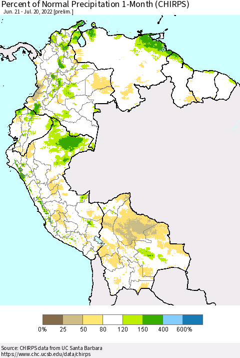 Northern South America Percent of Normal Precipitation 1-Month (CHIRPS) Thematic Map For 6/21/2022 - 7/20/2022