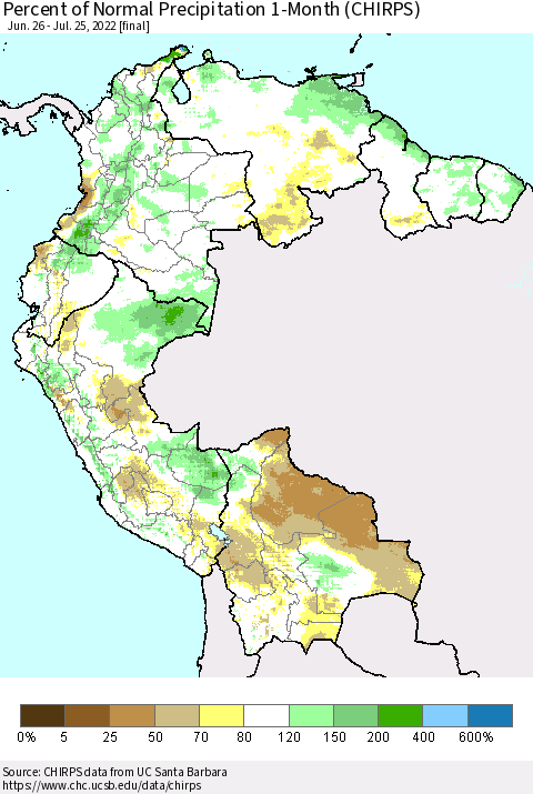 Northern South America Percent of Normal Precipitation 1-Month (CHIRPS) Thematic Map For 6/26/2022 - 7/25/2022