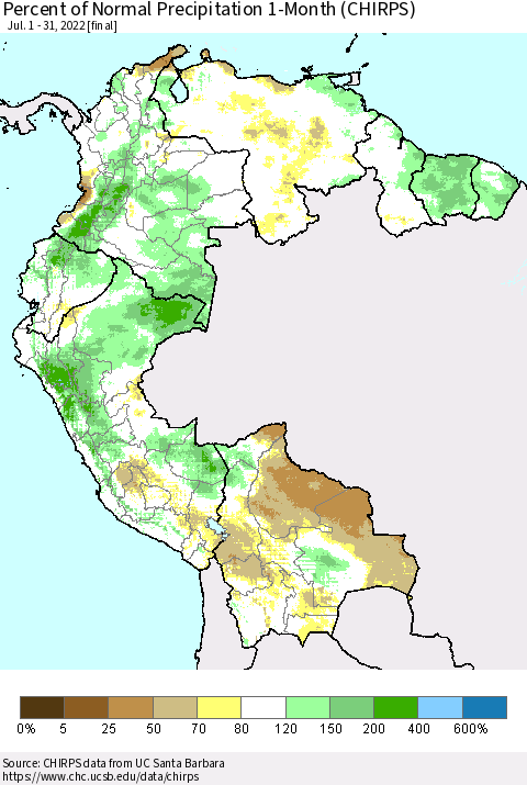 Northern South America Percent of Normal Precipitation 1-Month (CHIRPS) Thematic Map For 7/1/2022 - 7/31/2022