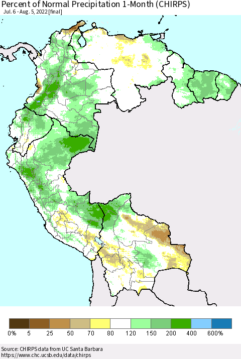 Northern South America Percent of Normal Precipitation 1-Month (CHIRPS) Thematic Map For 7/6/2022 - 8/5/2022