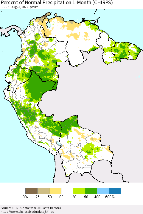 Northern South America Percent of Normal Precipitation 1-Month (CHIRPS) Thematic Map For 7/6/2022 - 8/5/2022