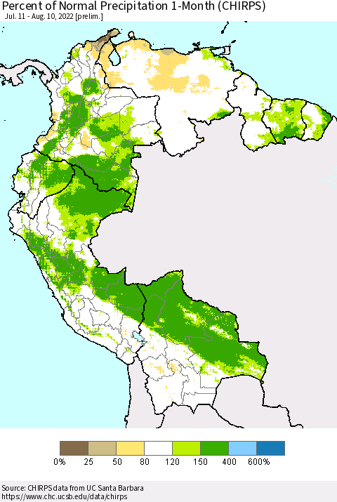 Northern South America Percent of Normal Precipitation 1-Month (CHIRPS) Thematic Map For 7/11/2022 - 8/10/2022