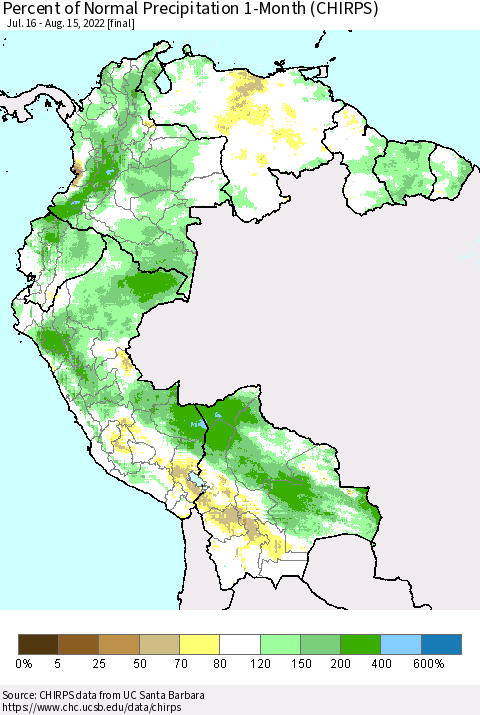 Northern South America Percent of Normal Precipitation 1-Month (CHIRPS) Thematic Map For 7/16/2022 - 8/15/2022