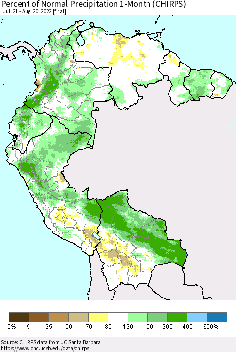 Northern South America Percent of Normal Precipitation 1-Month (CHIRPS) Thematic Map For 7/21/2022 - 8/20/2022