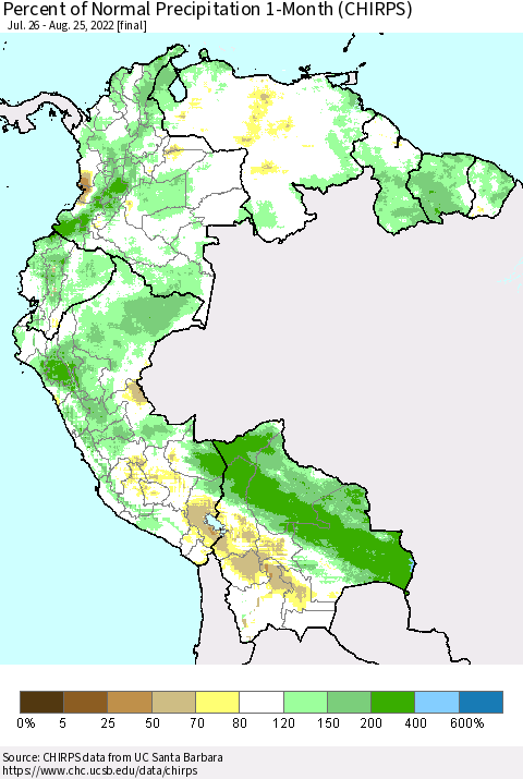 Northern South America Percent of Normal Precipitation 1-Month (CHIRPS) Thematic Map For 7/26/2022 - 8/25/2022