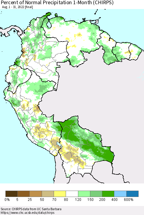 Northern South America Percent of Normal Precipitation 1-Month (CHIRPS) Thematic Map For 8/1/2022 - 8/31/2022