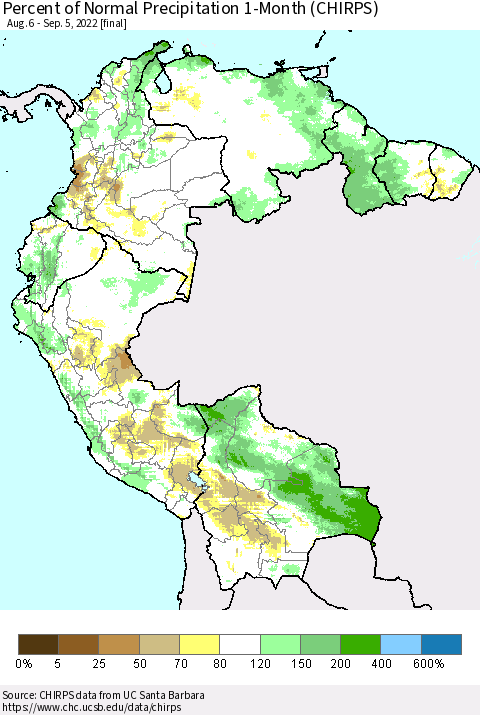 Northern South America Percent of Normal Precipitation 1-Month (CHIRPS) Thematic Map For 8/6/2022 - 9/5/2022
