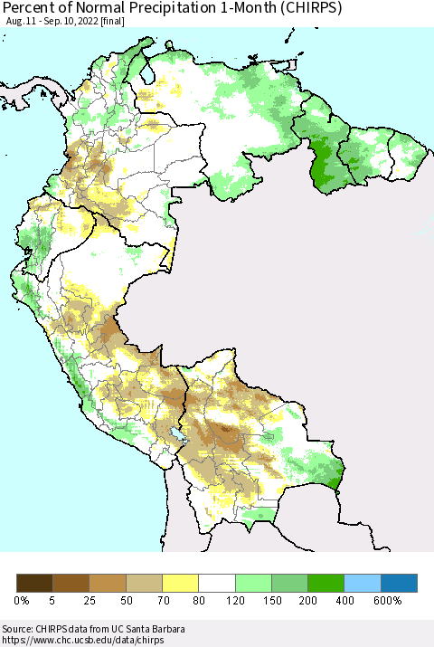 Northern South America Percent of Normal Precipitation 1-Month (CHIRPS) Thematic Map For 8/11/2022 - 9/10/2022