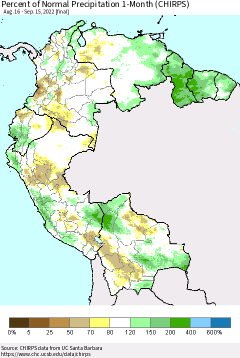 Northern South America Percent of Normal Precipitation 1-Month (CHIRPS) Thematic Map For 8/16/2022 - 9/15/2022