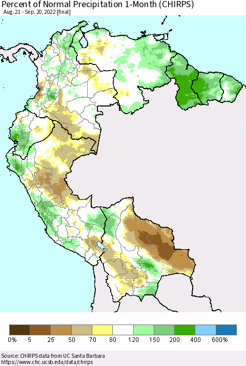Northern South America Percent of Normal Precipitation 1-Month (CHIRPS) Thematic Map For 8/21/2022 - 9/20/2022