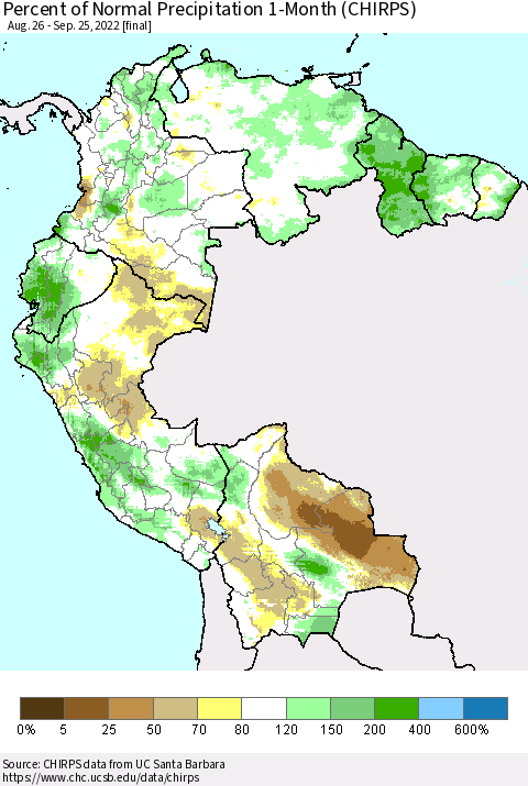 Northern South America Percent of Normal Precipitation 1-Month (CHIRPS) Thematic Map For 8/26/2022 - 9/25/2022