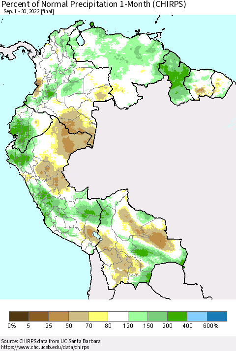 Northern South America Percent of Normal Precipitation 1-Month (CHIRPS) Thematic Map For 9/1/2022 - 9/30/2022