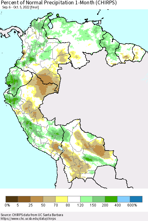 Northern South America Percent of Normal Precipitation 1-Month (CHIRPS) Thematic Map For 9/6/2022 - 10/5/2022