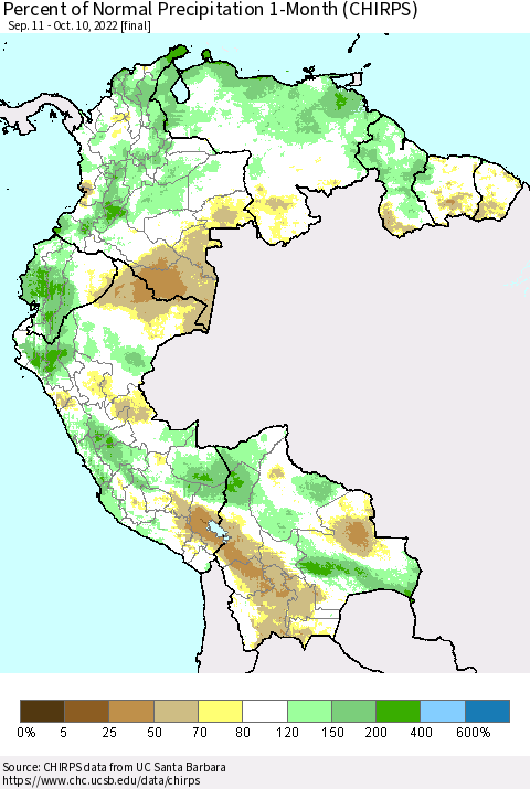 Northern South America Percent of Normal Precipitation 1-Month (CHIRPS) Thematic Map For 9/11/2022 - 10/10/2022