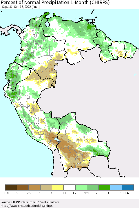 Northern South America Percent of Normal Precipitation 1-Month (CHIRPS) Thematic Map For 9/16/2022 - 10/15/2022