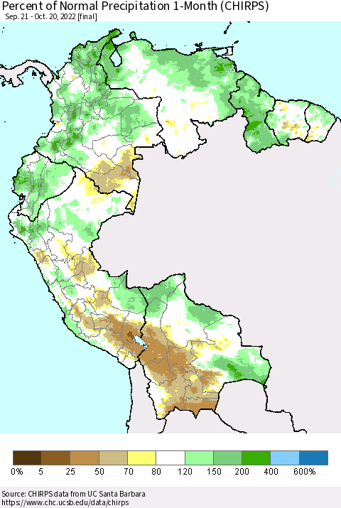 Northern South America Percent of Normal Precipitation 1-Month (CHIRPS) Thematic Map For 9/21/2022 - 10/20/2022