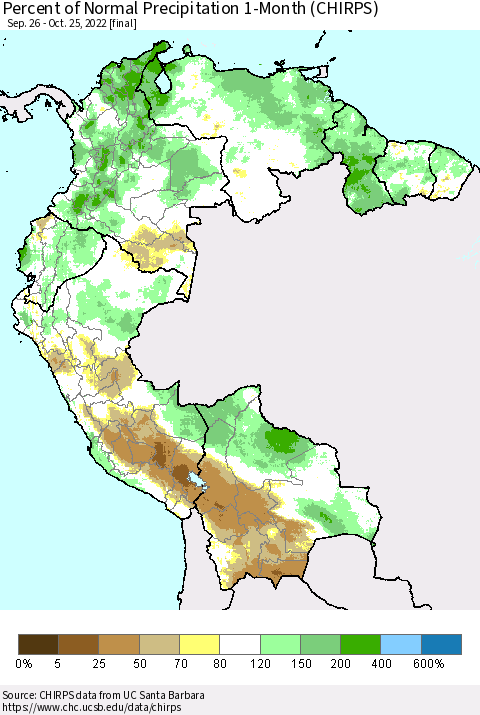Northern South America Percent of Normal Precipitation 1-Month (CHIRPS) Thematic Map For 9/26/2022 - 10/25/2022
