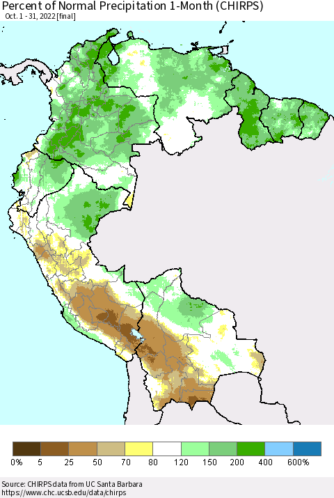 Northern South America Percent of Normal Precipitation 1-Month (CHIRPS) Thematic Map For 10/1/2022 - 10/31/2022