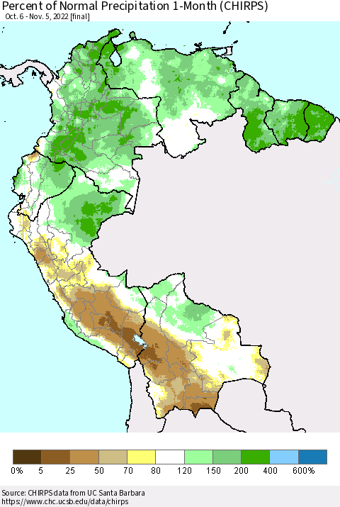 Northern South America Percent of Normal Precipitation 1-Month (CHIRPS) Thematic Map For 10/6/2022 - 11/5/2022