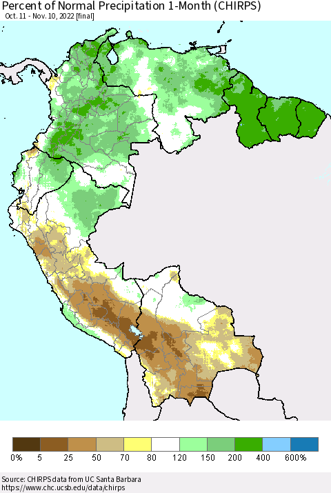 Northern South America Percent of Normal Precipitation 1-Month (CHIRPS) Thematic Map For 10/11/2022 - 11/10/2022